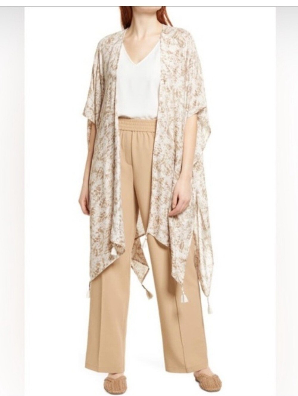 Nordstrom Beige and Cream Floral Open-Front Kimono One Size